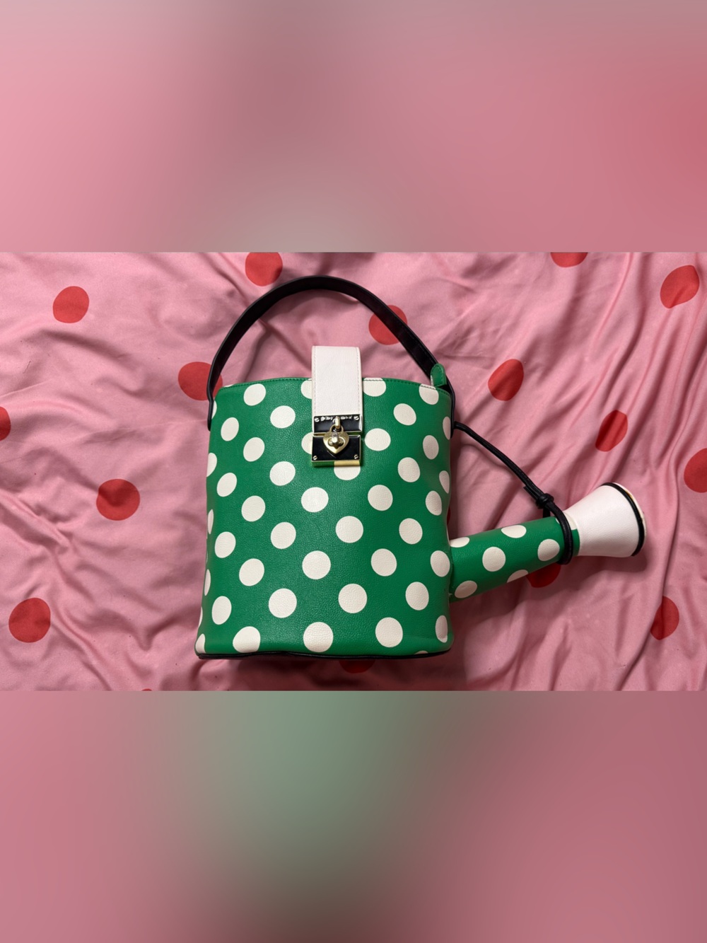 Betsey Johnson Green Polka Dot Watering Can Kitsch Satchel with White Accents